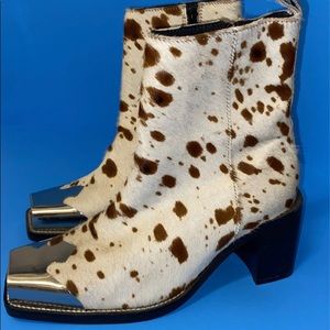 Pony style calfskin booties with square metal toe